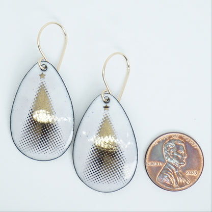 Gold Christmas Trees on White Enamel Teardrop Earrings