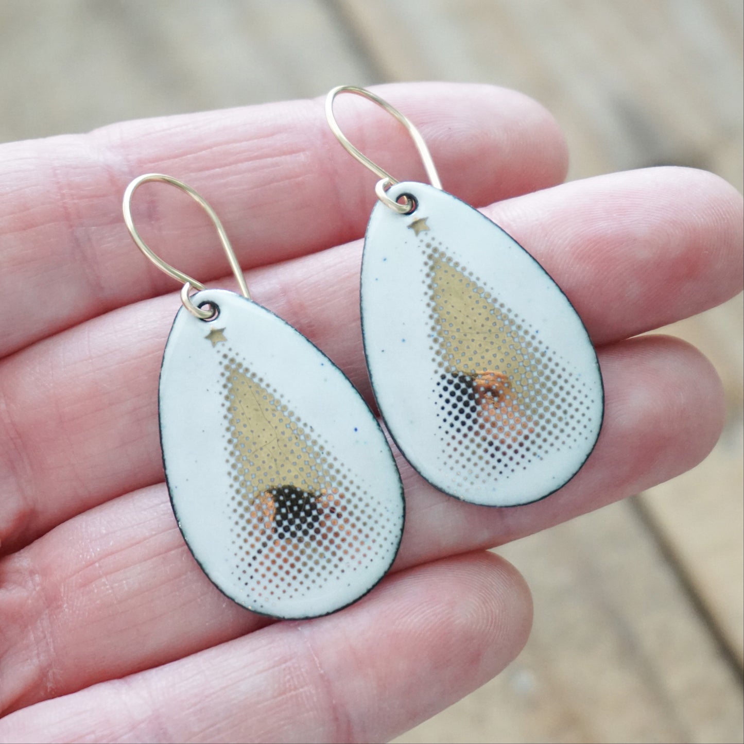 Gold Christmas Trees on White Enamel Teardrop Earrings