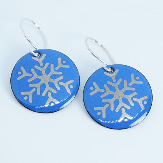 Silver Snowflakes on Cobalt Blue Enamel Disc Earrings