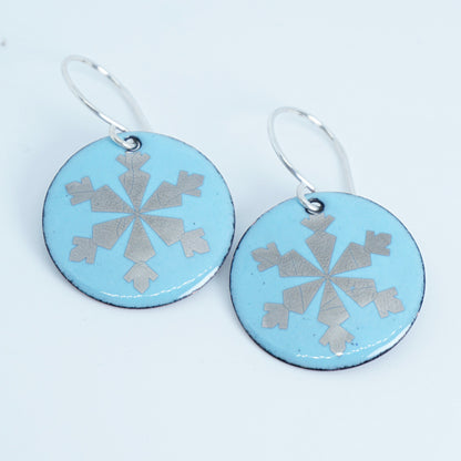 Silver Snowflakes on Light Blue Enamel Disc Earrings