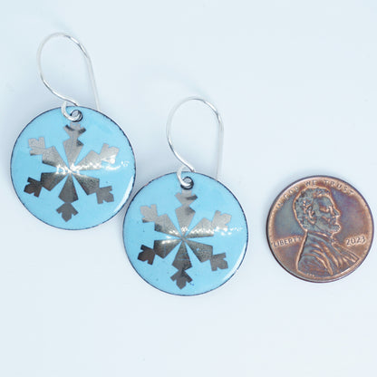 Silver Snowflakes on Light Blue Enamel Disc Earrings