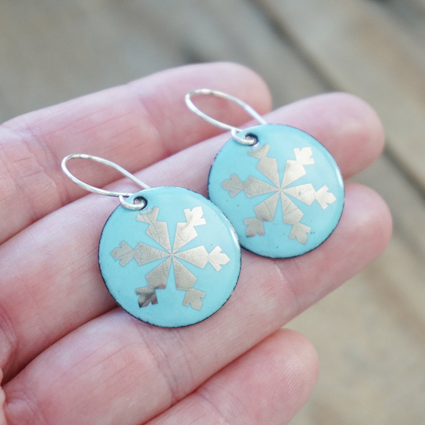 Silver Snowflakes on Light Blue Enamel Disc Earrings