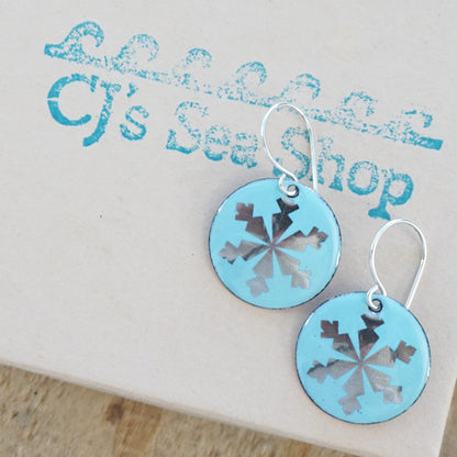 Silver Snowflakes on Light Blue Enamel Disc Earrings