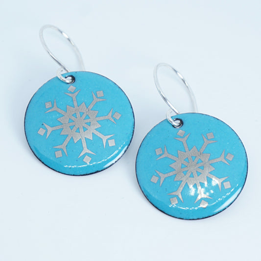 Silver Snowflakes on Teal Green Enamel Disc Earrings