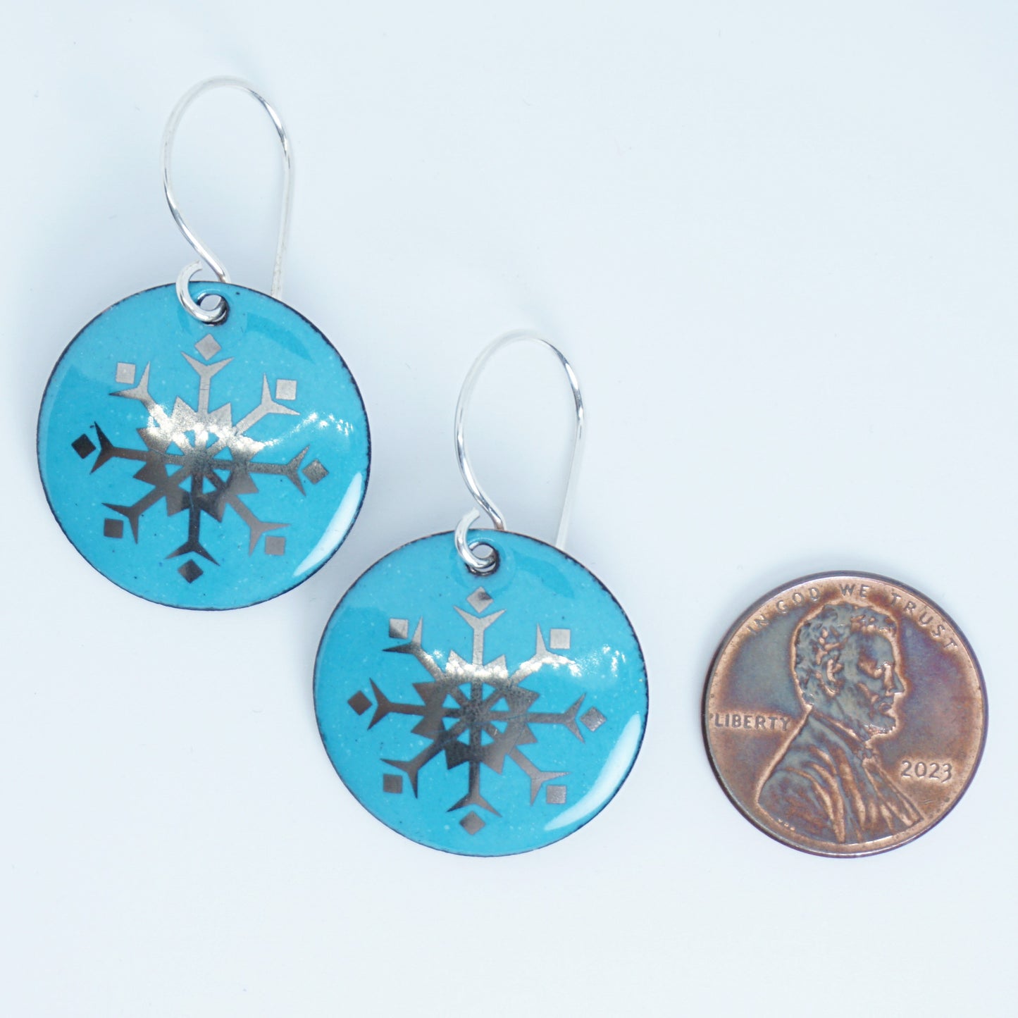 Silver Snowflakes on Teal Green Enamel Disc Earrings