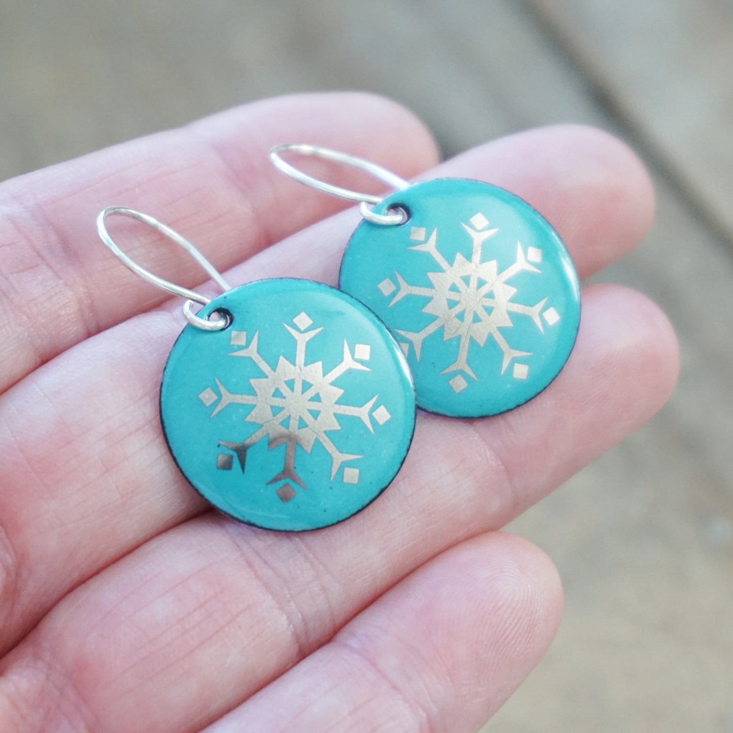 Silver Snowflakes on Teal Green Enamel Disc Earrings