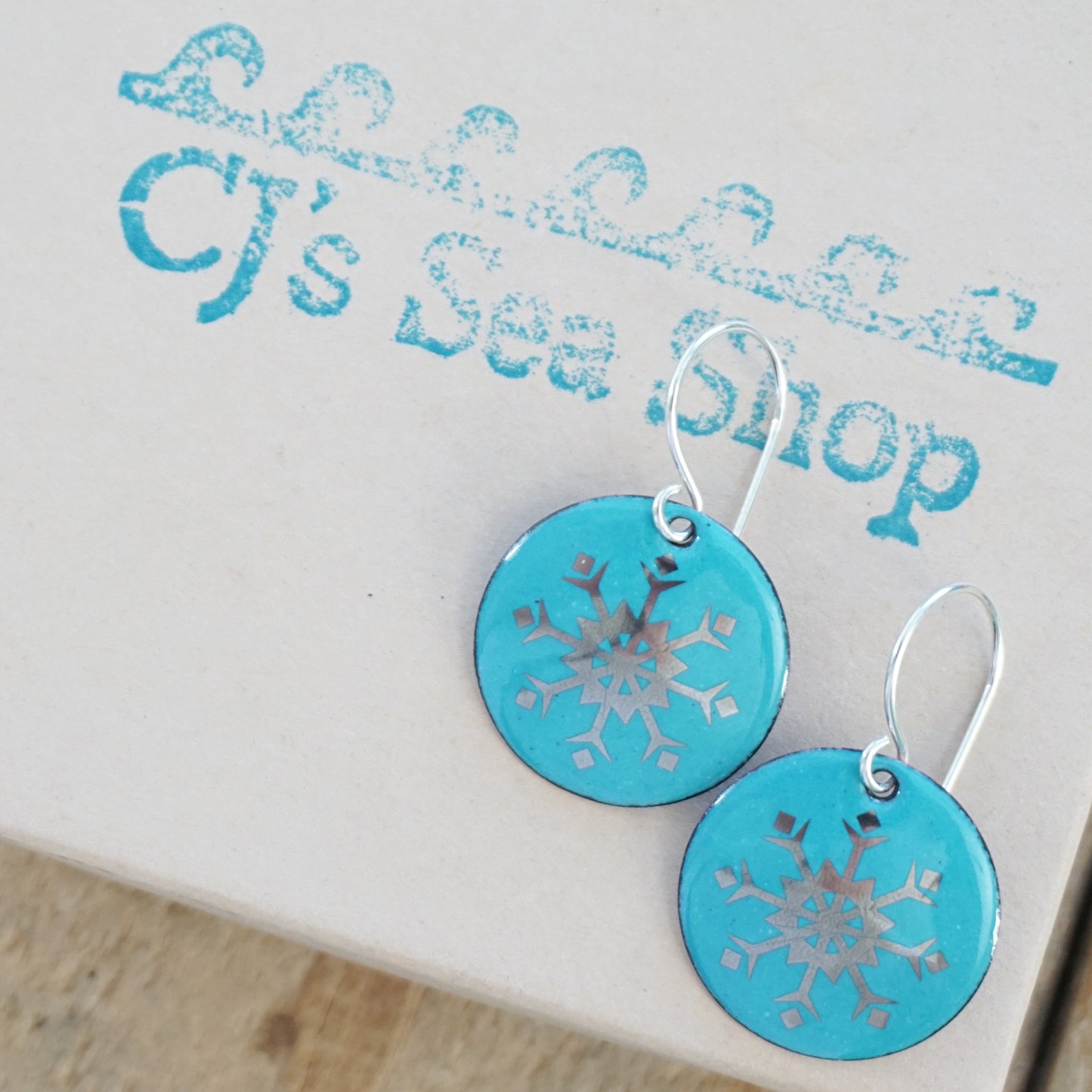 Silver Snowflakes on Teal Green Enamel Disc Earrings