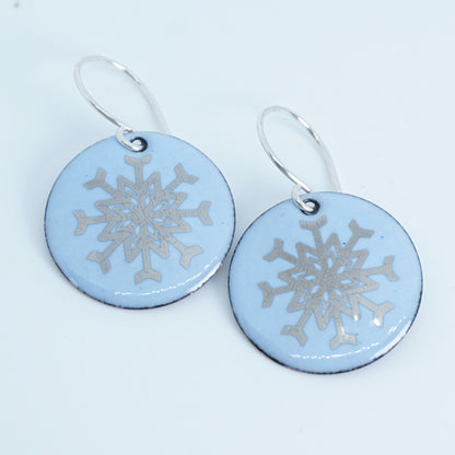 Silver Snowflakes on Pale Blue Enamel Disc Earrings