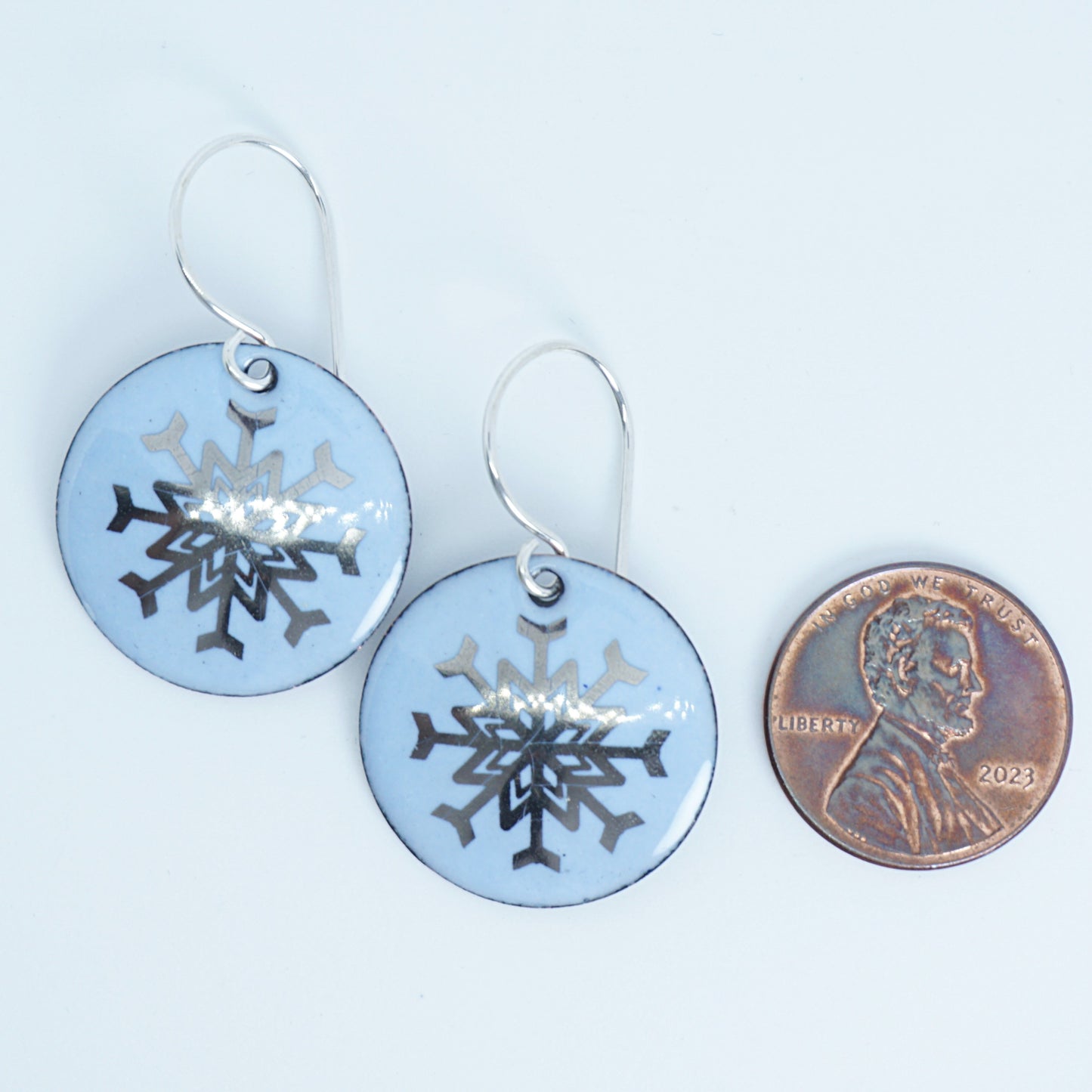 Silver Snowflakes on Pale Blue Enamel Disc Earrings