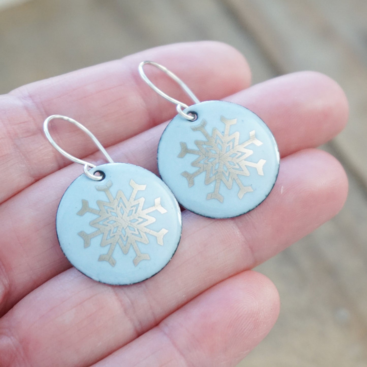 Silver Snowflakes on Pale Blue Enamel Disc Earrings