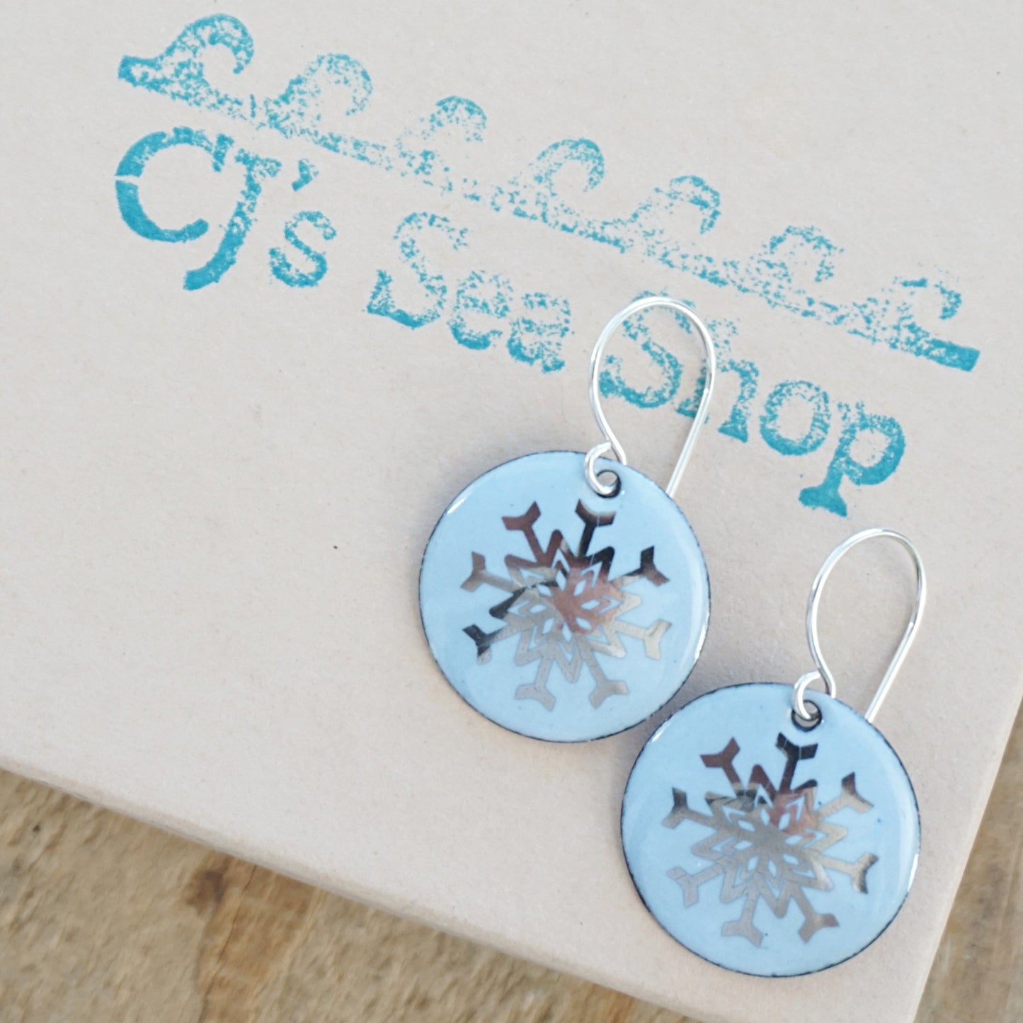 Silver Snowflakes on Pale Blue Enamel Disc Earrings