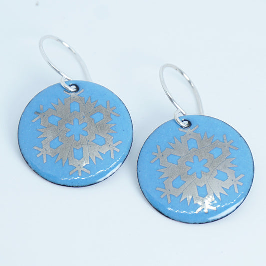 Silver Snowflakes on Blue Enamel Disc Earrings