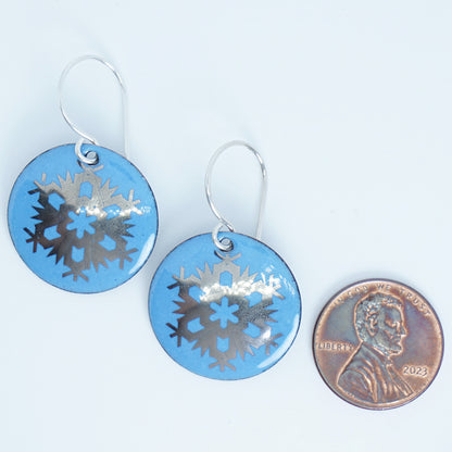 Silver Snowflakes on Blue Enamel Disc Earrings