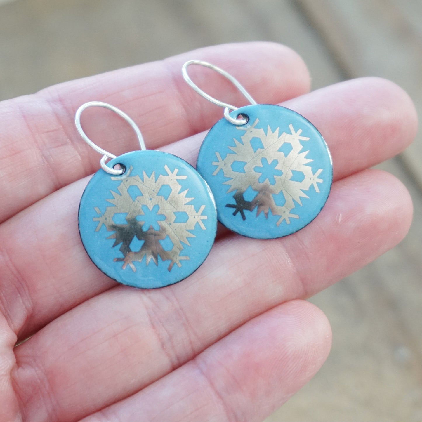 Silver Snowflakes on Blue Enamel Disc Earrings