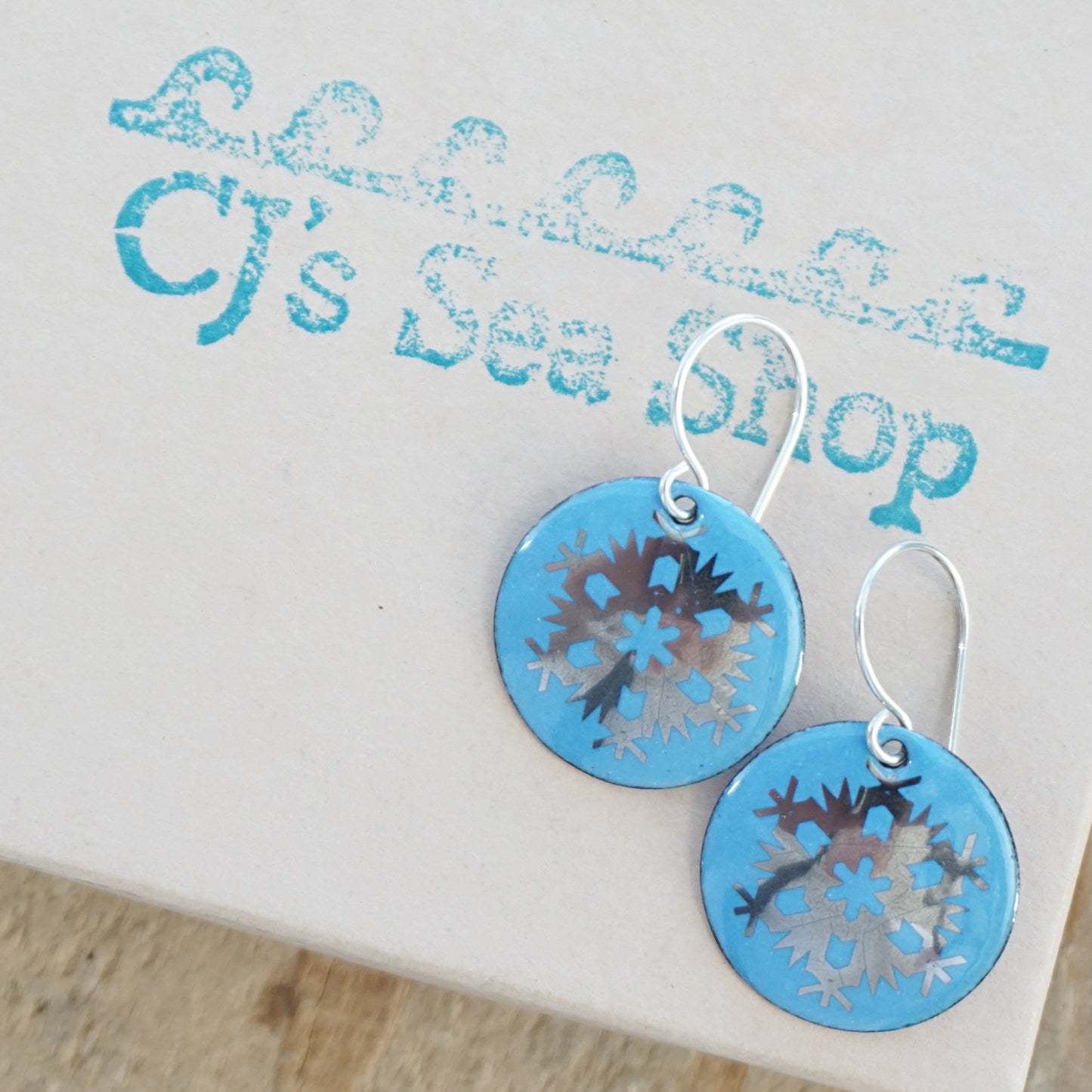 Silver Snowflakes on Blue Enamel Disc Earrings