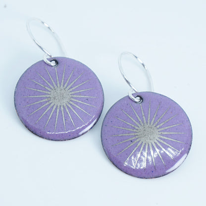 Silver Snowflakes on Purple Enamel Disc Earrings