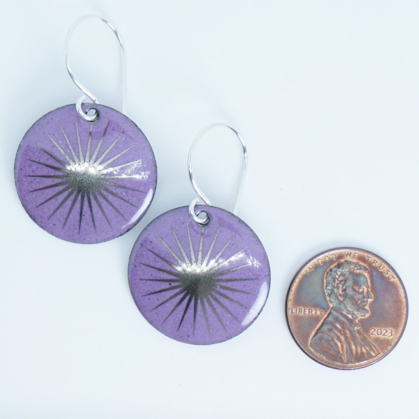 Silver Snowflakes on Purple Enamel Disc Earrings