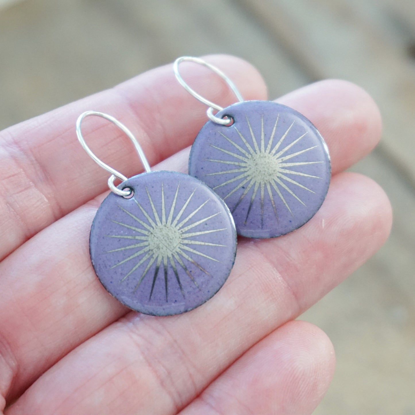 Silver Snowflakes on Purple Enamel Disc Earrings