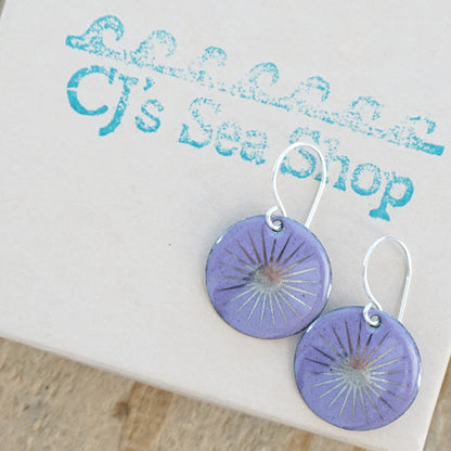 Silver Snowflakes on Purple Enamel Disc Earrings