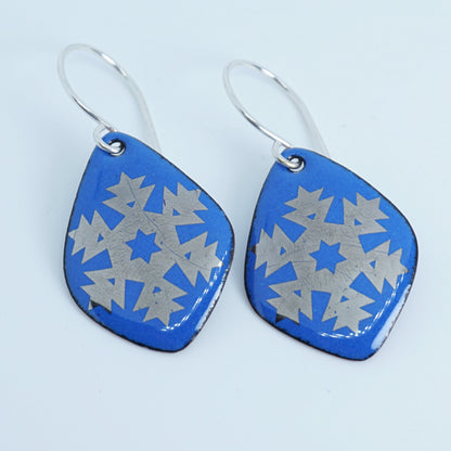 Silver Snowflakes on Cobalt Blue Enamel Diamond Earrings