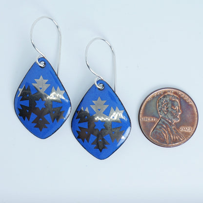 Silver Snowflakes on Cobalt Blue Enamel Diamond Earrings