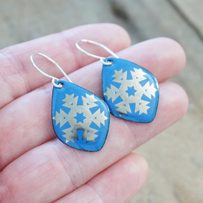 Silver Snowflakes on Cobalt Blue Enamel Diamond Earrings