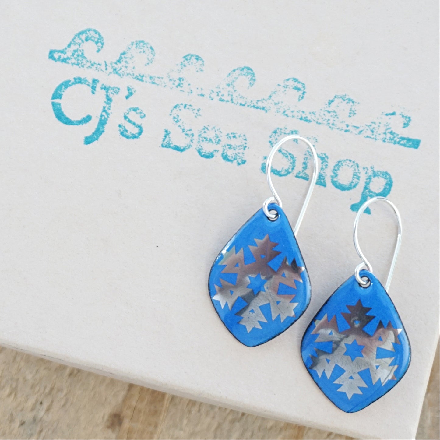 Silver Snowflakes on Cobalt Blue Enamel Diamond Earrings