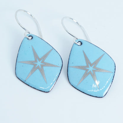 Silver Snowflakes on Light Blue Enamel Diamond Earrings