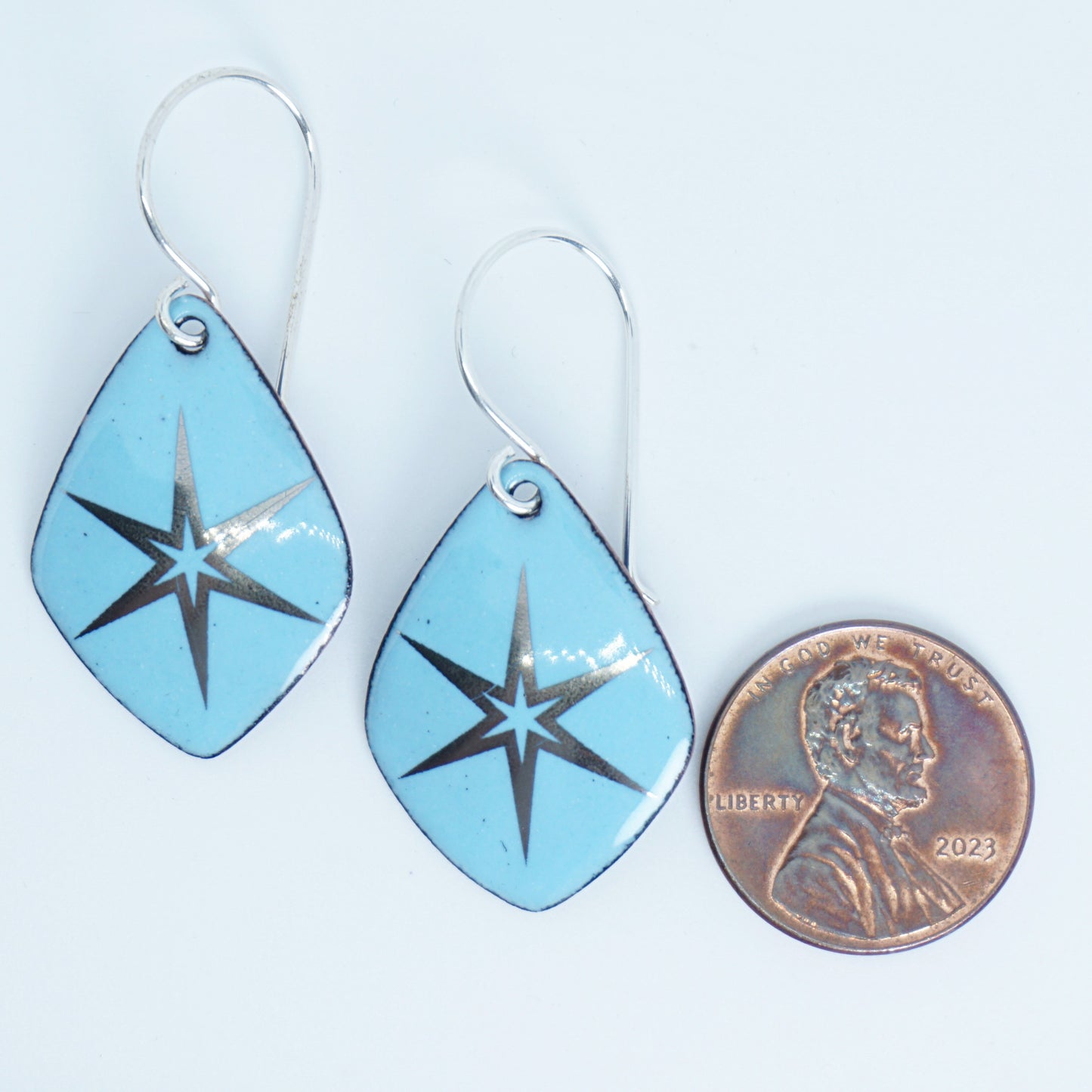 Silver Snowflakes on Light Blue Enamel Diamond Earrings