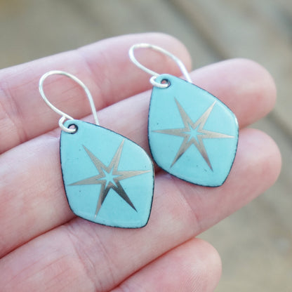 Silver Snowflakes on Light Blue Enamel Diamond Earrings