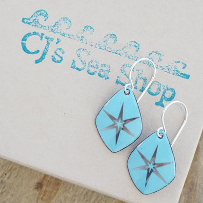 Silver Snowflakes on Light Blue Enamel Diamond Earrings