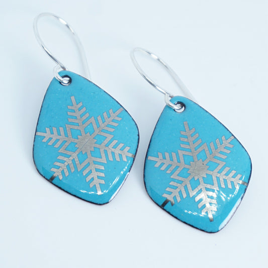 Silver Snowflakes on Teal Green Enamel Diamond Earrings