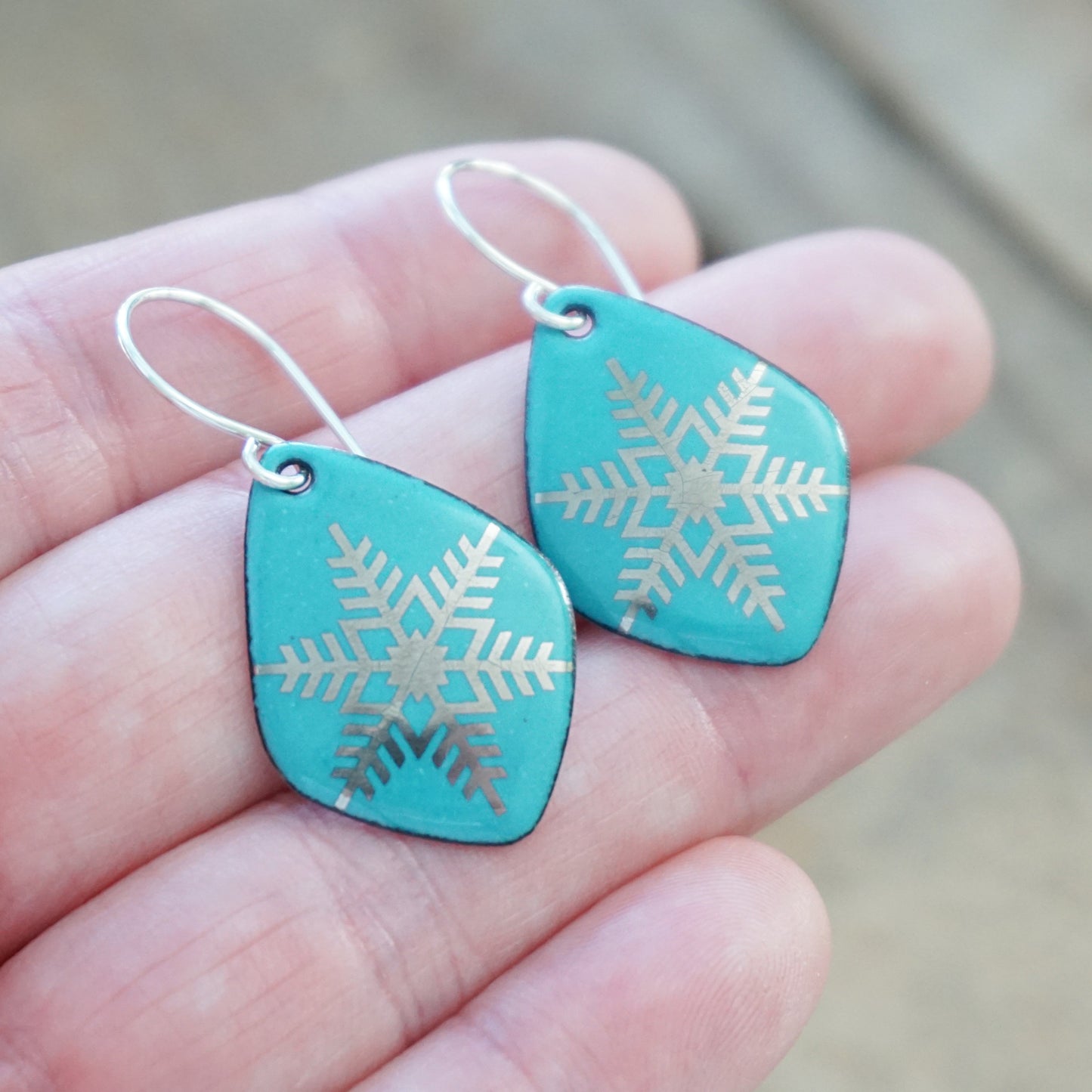 Silver Snowflakes on Teal Green Enamel Diamond Earrings