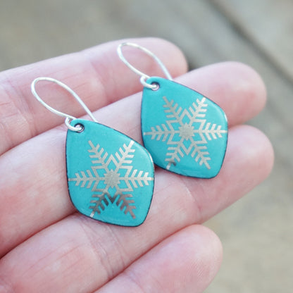 Silver Snowflakes on Teal Green Enamel Diamond Earrings