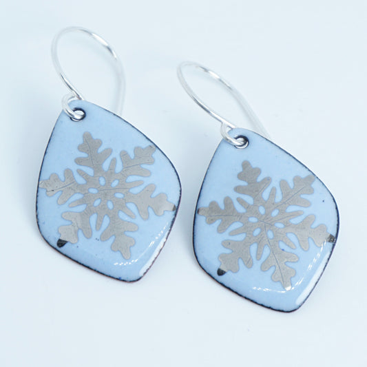 Silver Snowflakes on Pale Blue Enamel Diamond Earrings