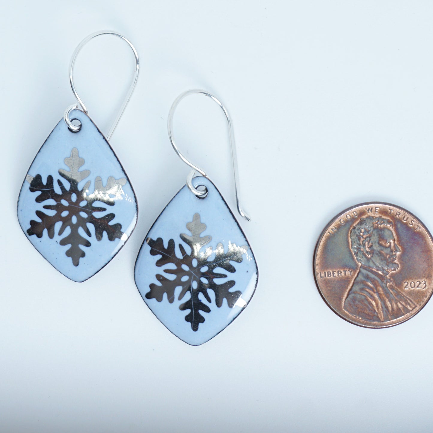 Silver Snowflakes on Pale Blue Enamel Diamond Earrings