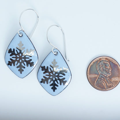 Silver Snowflakes on Pale Blue Enamel Diamond Earrings