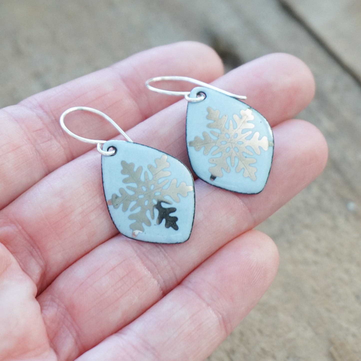 Silver Snowflakes on Pale Blue Enamel Diamond Earrings