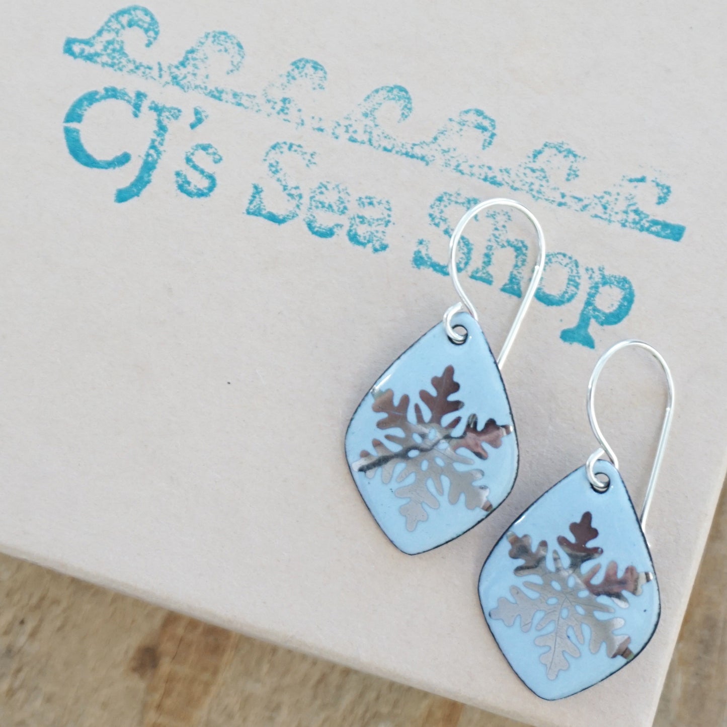 Silver Snowflakes on Pale Blue Enamel Diamond Earrings