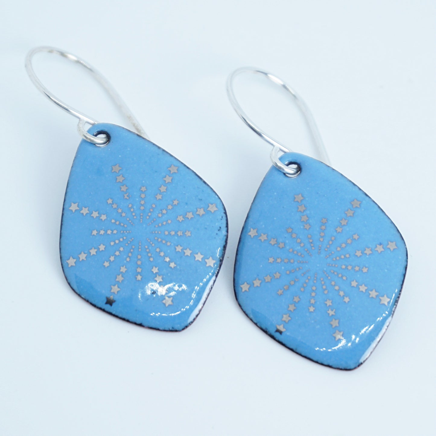 Silver Snowflakes on Blue Enamel Diamond Earrings