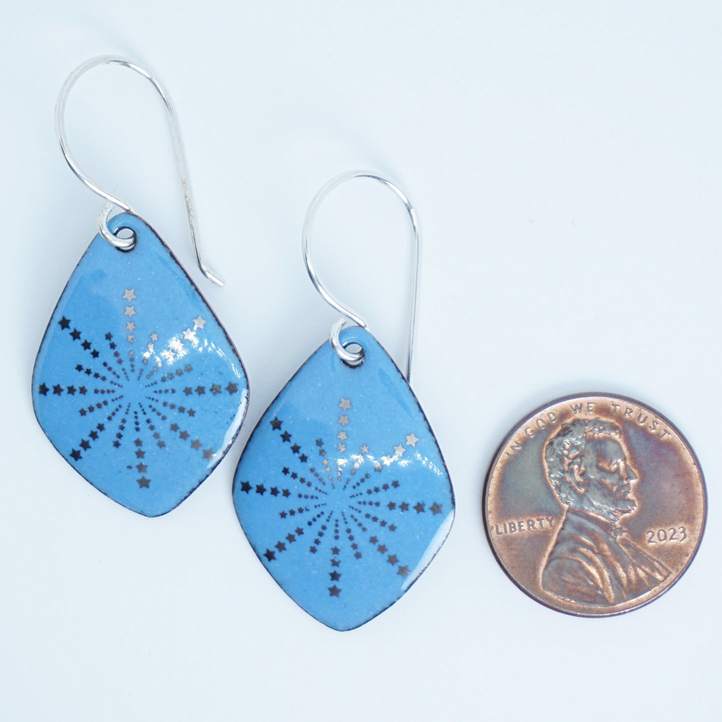 Silver Snowflakes on Blue Enamel Diamond Earrings