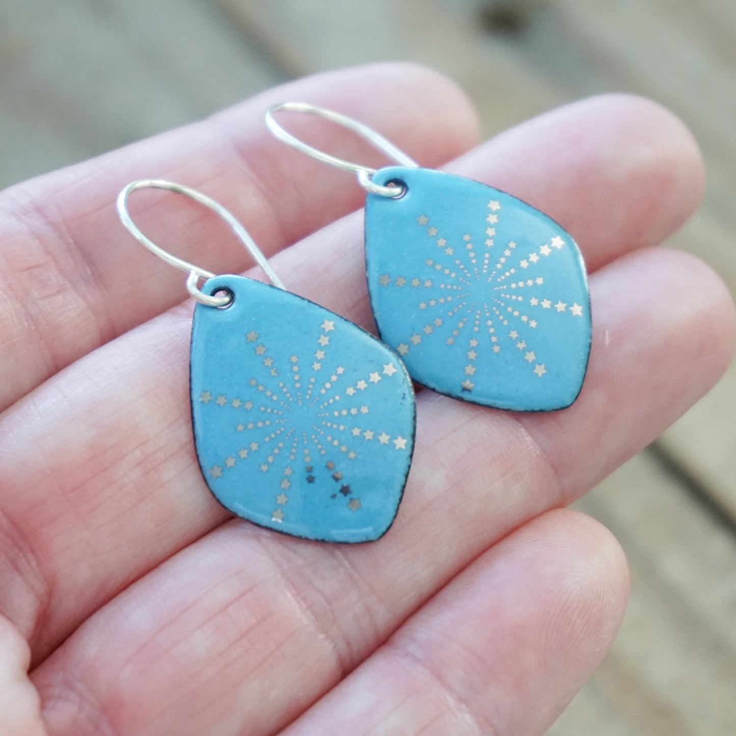 Silver Snowflakes on Blue Enamel Diamond Earrings