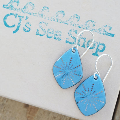 Silver Snowflakes on Blue Enamel Diamond Earrings