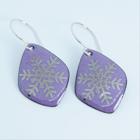 Silver Snowflakes on Purple Enamel Diamond Earrings