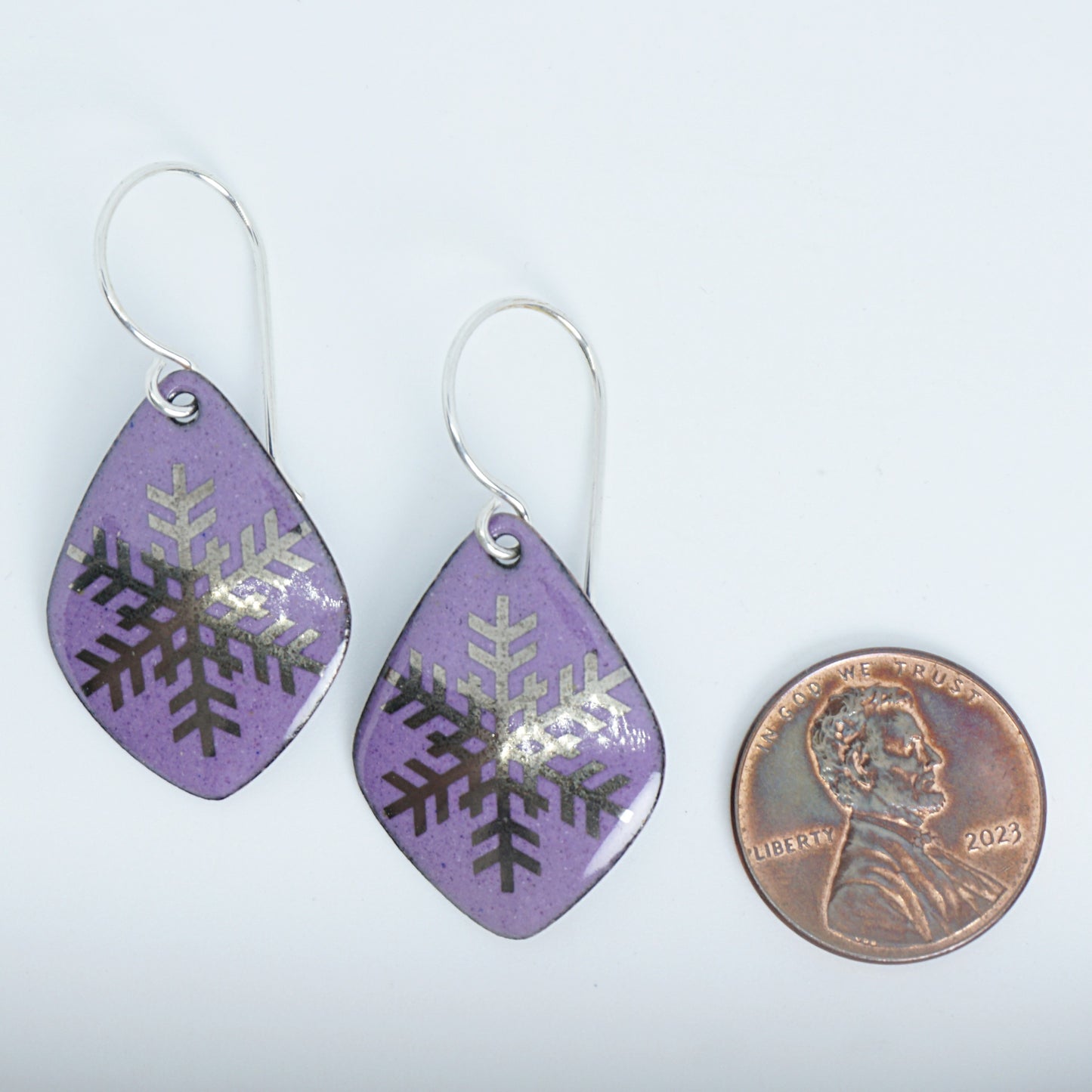 Silver Snowflakes on Purple Enamel Diamond Earrings