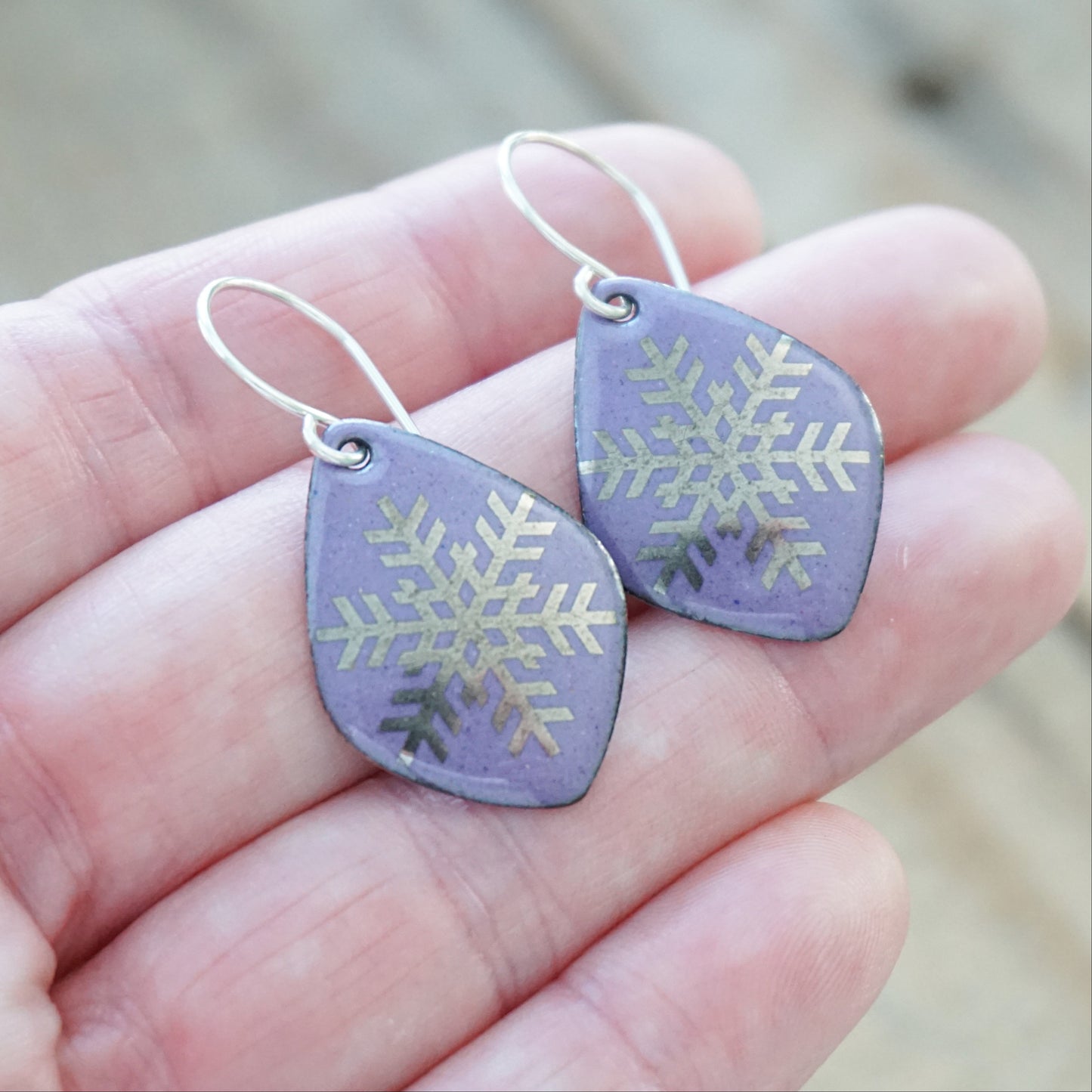 Silver Snowflakes on Purple Enamel Diamond Earrings