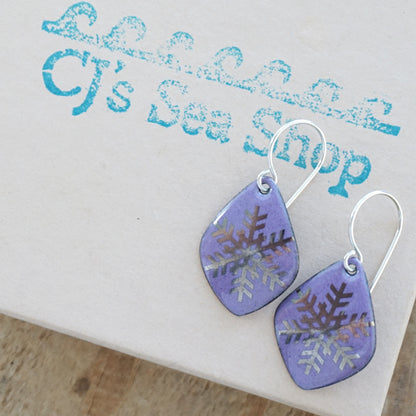 Silver Snowflakes on Purple Enamel Diamond Earrings