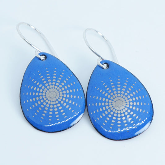 Silver Snowflakes on Cobalt Blue Enamel Teardrop Earrings