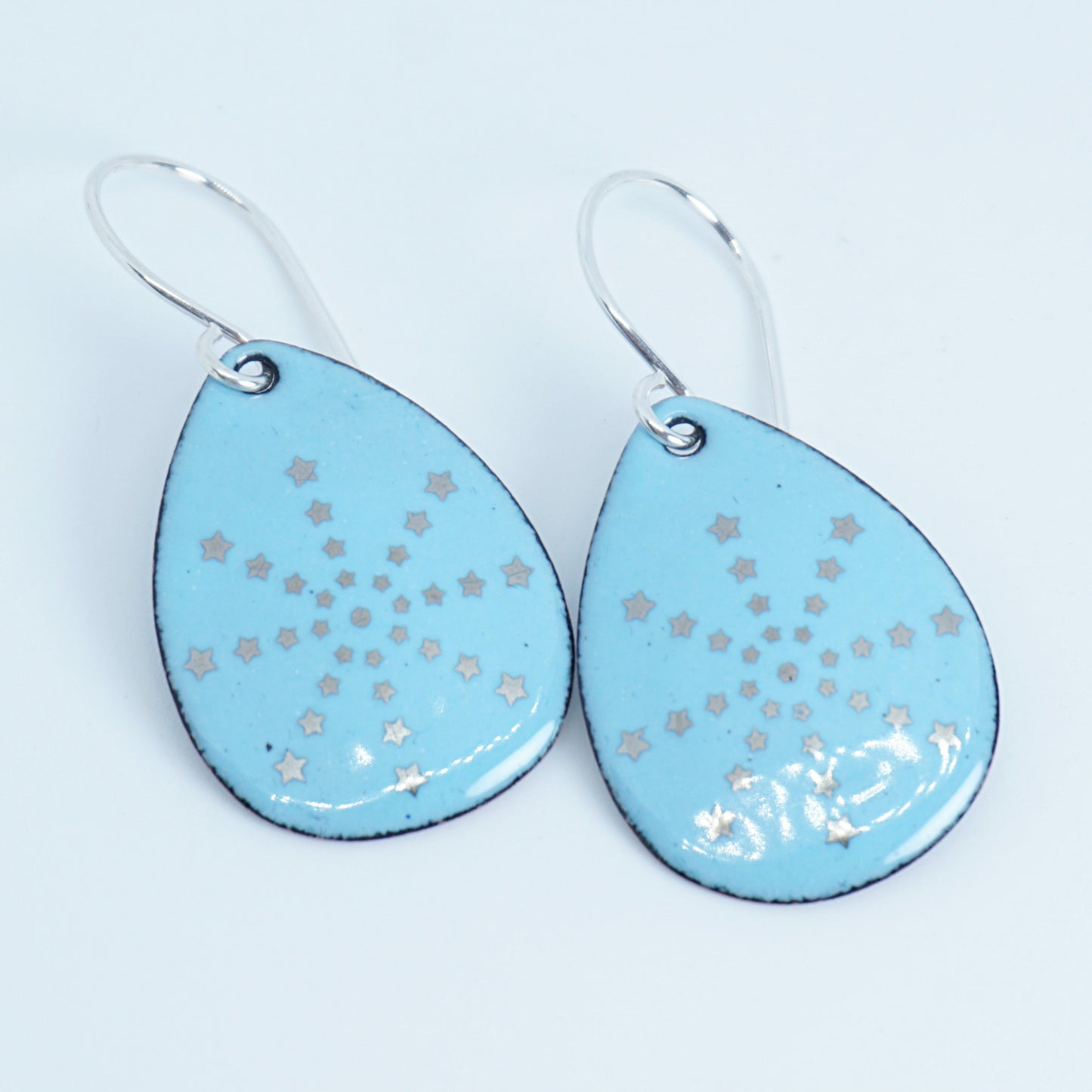 Silver Snowflakes on Light Blue Enamel Teardrop Earrings