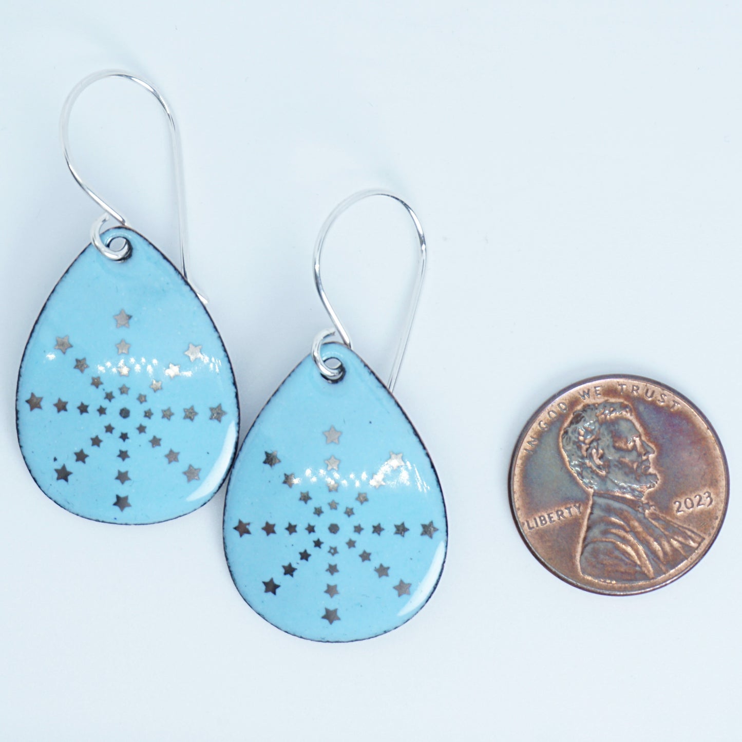 Silver Snowflakes on Light Blue Enamel Teardrop Earrings